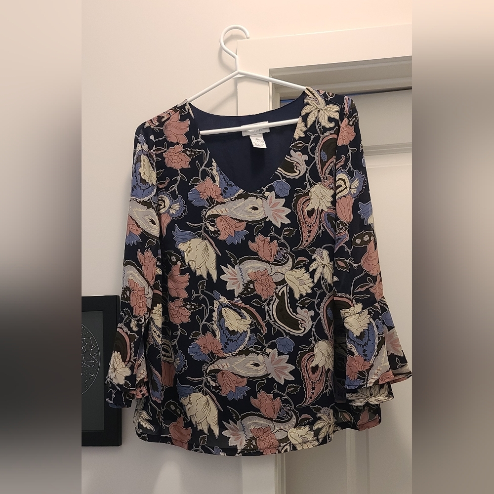 Pink and Blue Graphic Ruffled 3/4 Sleeve Blouse
